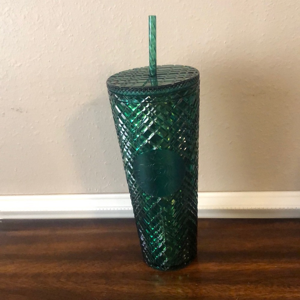 NWOT emerald green 24 oz Starbucks Tumbler with lid and straw.